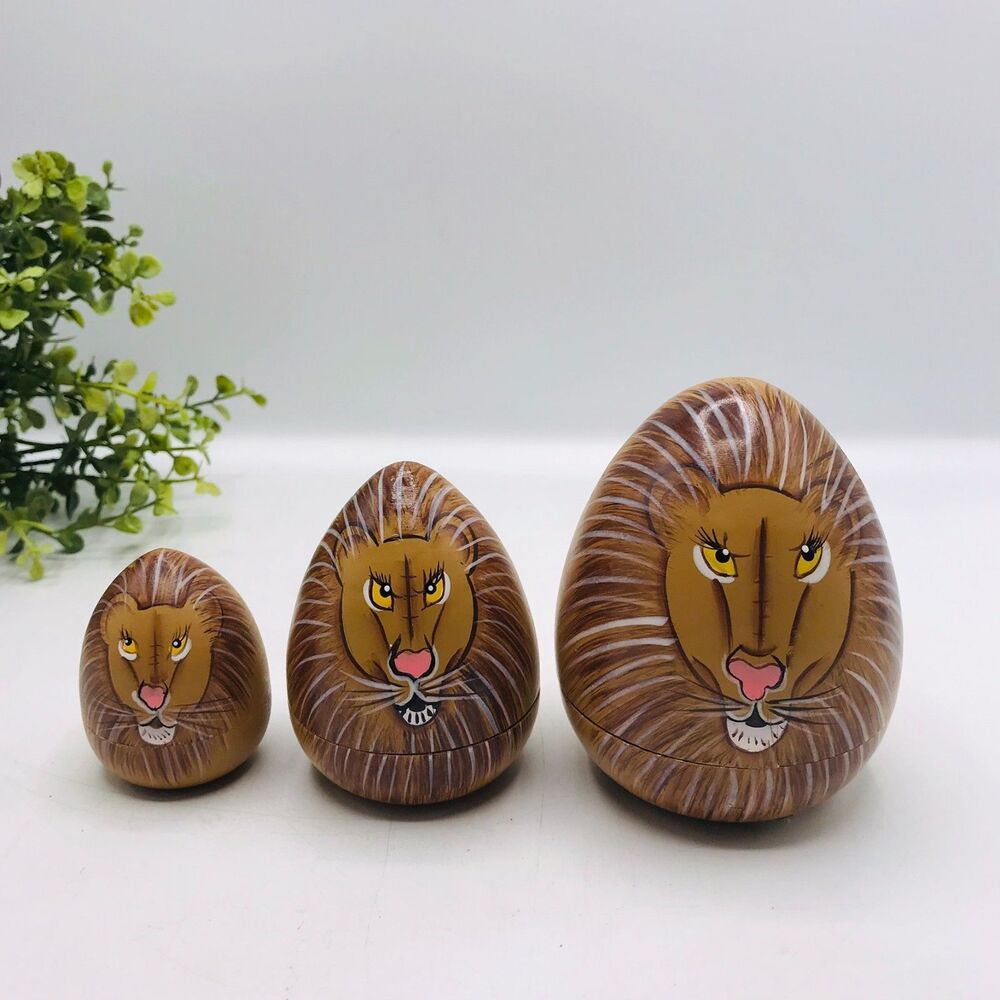 Pier 1 Imports Lion Easter Egg Nesting Dolls Wooden Painted Set of 3 Kidcore